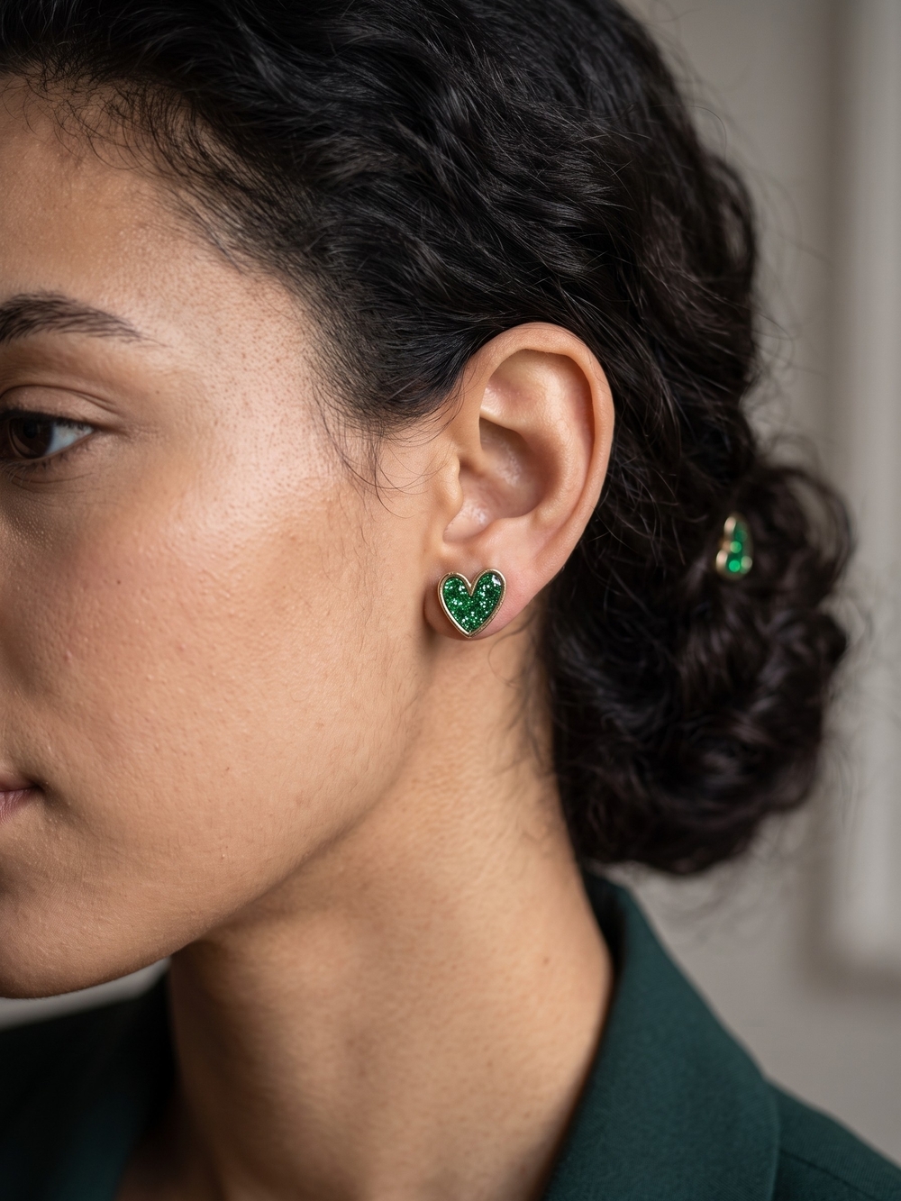 Emerald Green Glitter Heart Stud Earrings Whimsigoth Lovercore Gold Retro Glam